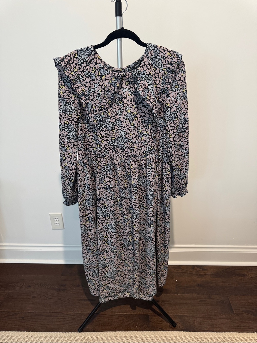 Monki Black Floral Long-Sleeve Midi Dress with Pink Accents